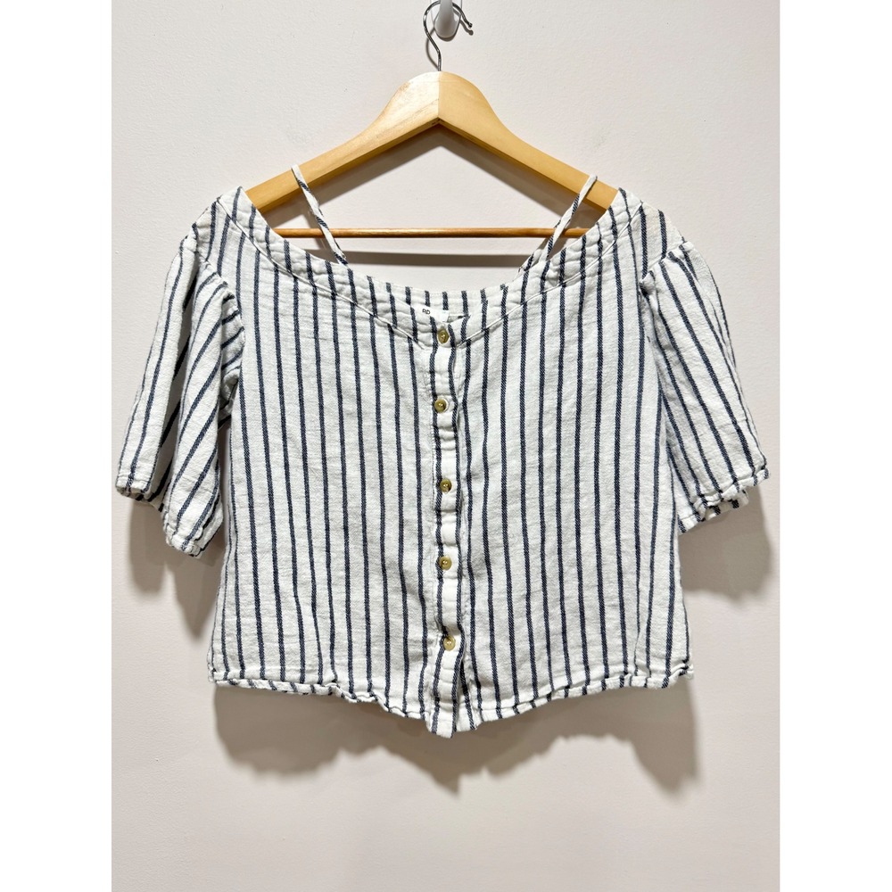 BP Nordstrom Women White Blue Striped Linen Blend Off Shoulder Button Crop Top S